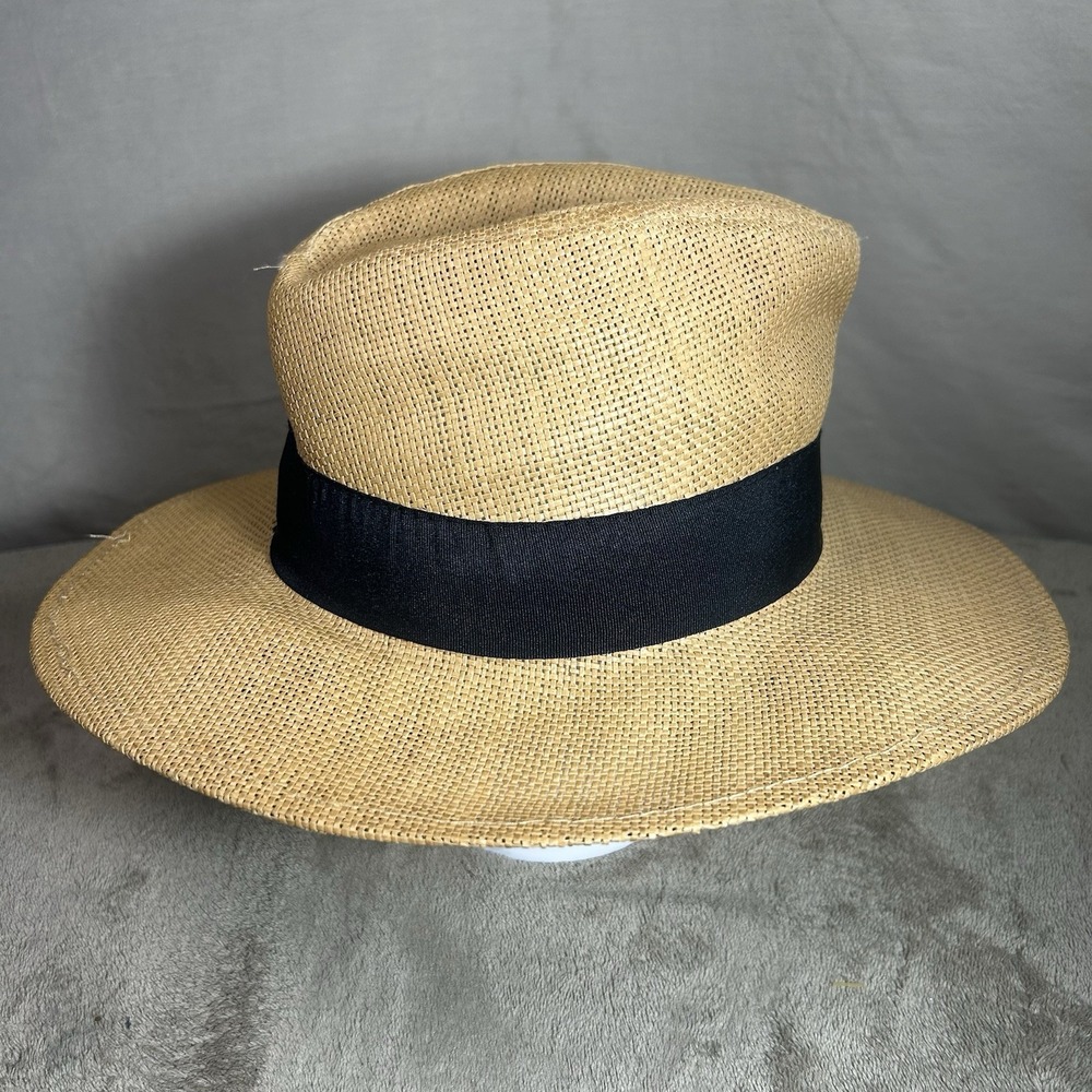 Karfil Hats Greece Woven Straw Fedora Sun Hat Beige Black Band Size M Medium - Picture 3 of 11